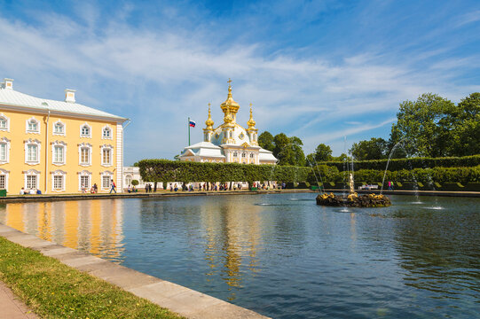 The Peterhof Palace and Park Ensemble. Upper garden. The Great Peterhof Palace, the court church of Peter and Paul and the square pond