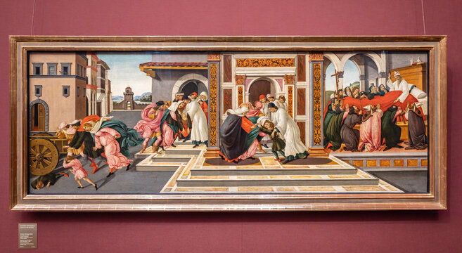 Dresden,Germany - May 28, 2024: Painting by Sandro Botticelli named  Episodes from the life of Saint Zenobius, a miracle in three scenes, and the death of Saint Zenobius, tempera on poplar panel