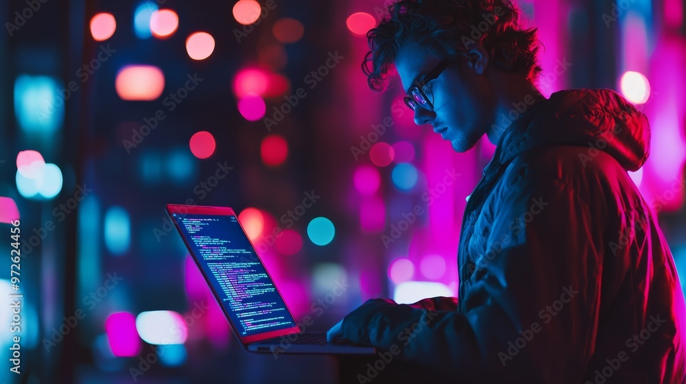 Poster Young software developer coding on a laptop with glowing neon lights in the background. Late-night programming and digital technology concept.