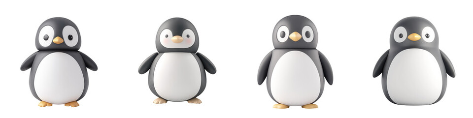 Fototapeta premium Cute, cartoon-style penguins in various poses, perfect for children's projects, illustrations, and winter-themed designs.