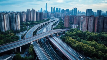Naklejka premium A highway stretching through a dense urban area, with tall buildings and overpasses towering above.