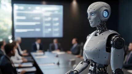 Fototapeta premium A humanoid robot giving a presentation to a group of business professionals in a sleek boardroom.