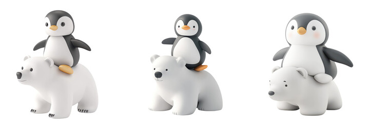 Cute penguin figurine riding a friendly polar bear, showcasing a playful and whimsical Arctic scene.