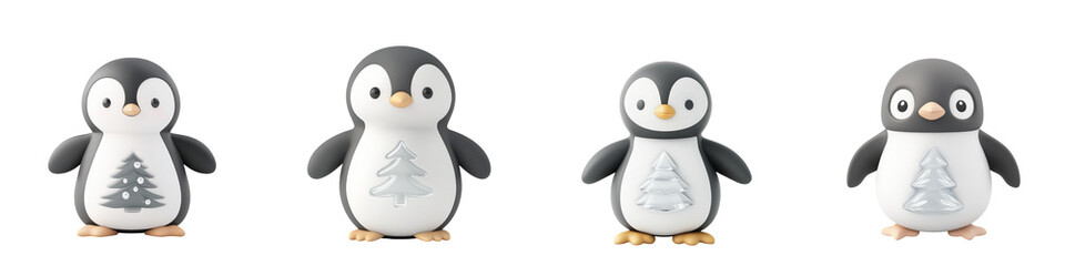 Obraz premium Cute penguin figurines featuring festive tree designs, perfect for holiday decorations or winter-themed showcases.