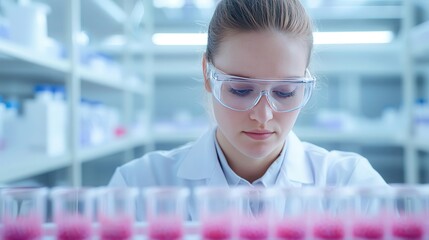 Researcher analyzing cell cultures in a sterile, futuristic biotech lab environment