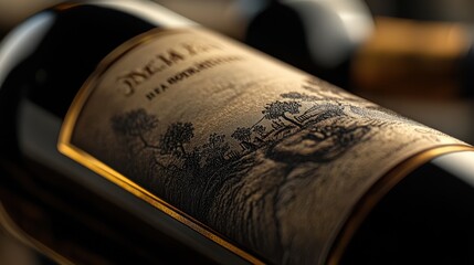 A close-up of a wine bottle featuring intricate label details, showcasing its rich history and heritage at a vineyard during dusk