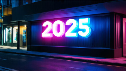 Obraz premium 2025 Happy New Year banner. Neon billboard in frame on night city street in cyberpunk style
