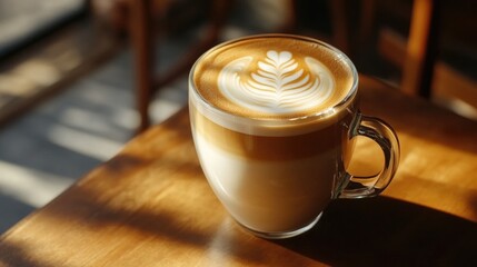 A latte in a glass coffee cup, with beautifully swirled milk foam on top, placed on a table.