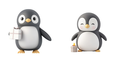 Fototapeta premium Two adorable penguins, one holding a gift and the other beaming with joy, perfect for celebrating festive occasions.