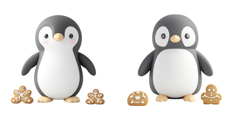 Fototapeta premium Two adorable penguins standing with festive gingerbread cookies. Perfect for holiday themes and winter celebrations.