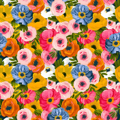 Seamless design. Colorful abstract flowers bouquet on a cream color background.