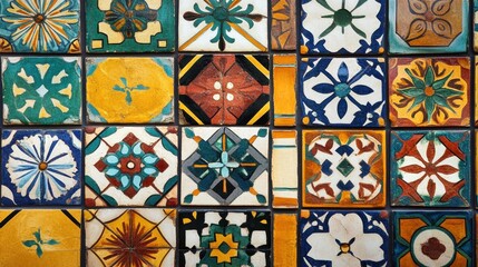 Colorful ceramic tiles arranged in a decorative pattern showcasing Moroccan artistry in a vibrant layout