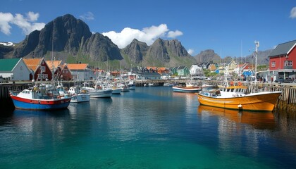 Colorful houses by a serene harbor in Norway, Scenic fjord landscape., summer travel destinations