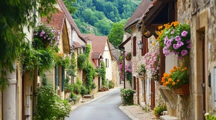 Fototapeta premium A narrow road through a picturesque European village, with stone houses and flower boxes.