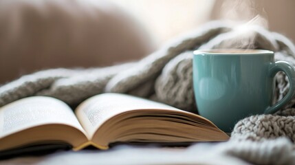 A person reading a book next to a steaming coffee cup, with a cozy blanket in the background.