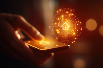 A smart home device processing a secure NFC payment, seamless interaction with glowing data shields, Futuristic, Warm tones, Digital Art