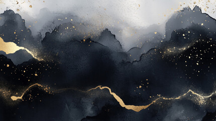 Deep Black Watercolor Background with Luxury Golden Paint Splashes, Elegant and Artistic Contrast