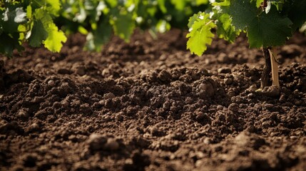 Close-up view of fertile soil beneath grapevines in a vineyard during the late afternoon in early autumn