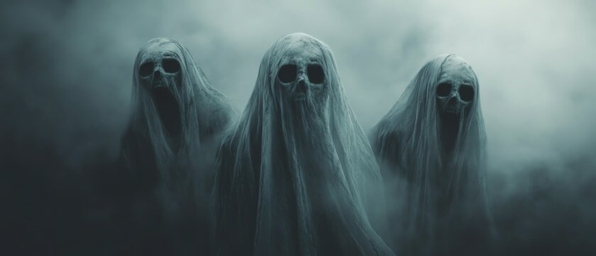 Eerie image of three ghostly figures shrouded in fog, evoking a spooky and haunting atmosphere, perfect for Halloween-themed content.