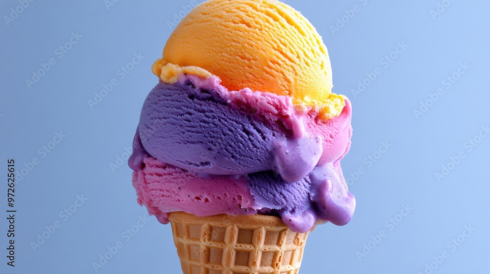 Poster brightly colored ice cream scoop stacked in a cone against a light blue background during a sunny da