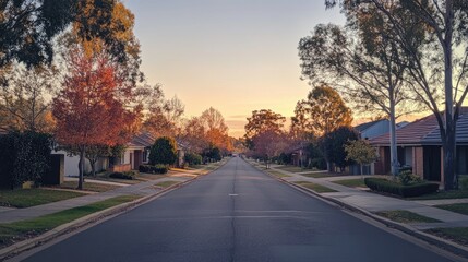 Fototapeta premium A quiet suburban road at dusk, with trees lining the street and soft orange light in the sky.
