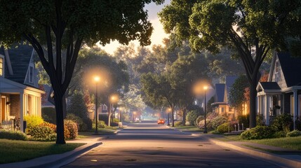A quiet suburban street lined with houses and trees, under the soft glow of streetlights.