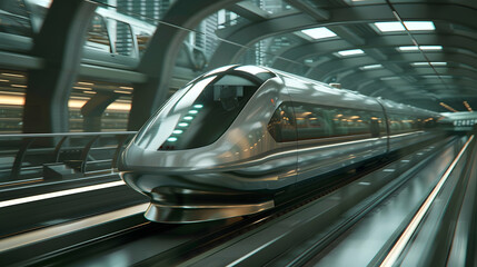 Silver High-Speed Maglev Train: Featuring a high-speed train system that connects different parts of the futuristic city with advanced magnetic levitation technology.