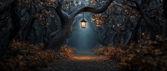 Mysterious forest path illuminated by a single hanging lantern amidst curly, eerie trees and scattered leaves, creating an enchanting atmosphere.
