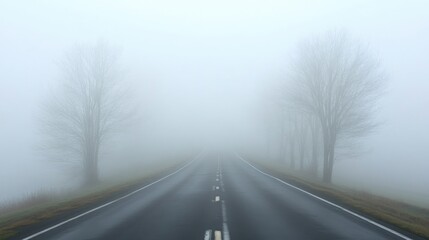 Fototapeta premium A road through a dense fog, with barely visible trees lining the way.