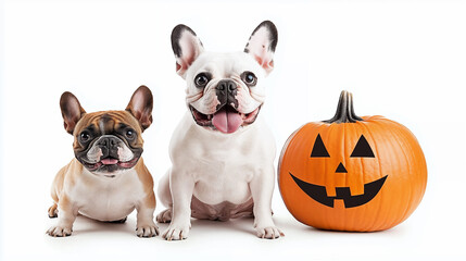 Fototapeta premium Halloween pumpkin and two happy French bulldogs isolated on a white background, studio shot.