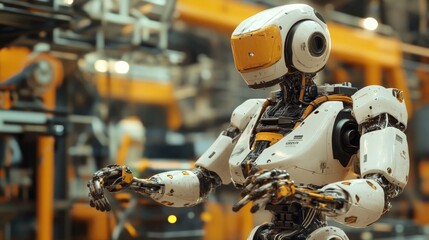 A robot factory worker lifting heavy materials with ease, demonstrating advanced strength.