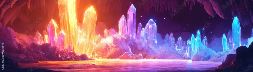 Poster a vibrant crystal cave illuminated by colorful lights, reflecting off tranquil waters, creating a ma