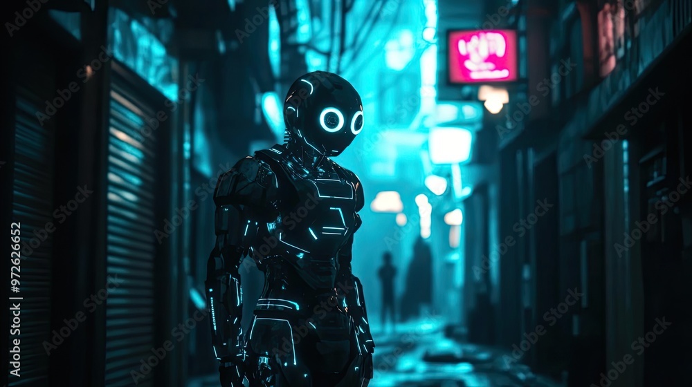 Aufkleber a futuristic robot stands in a neon-lit alley, showcasing advanced technology and cybernetic design 