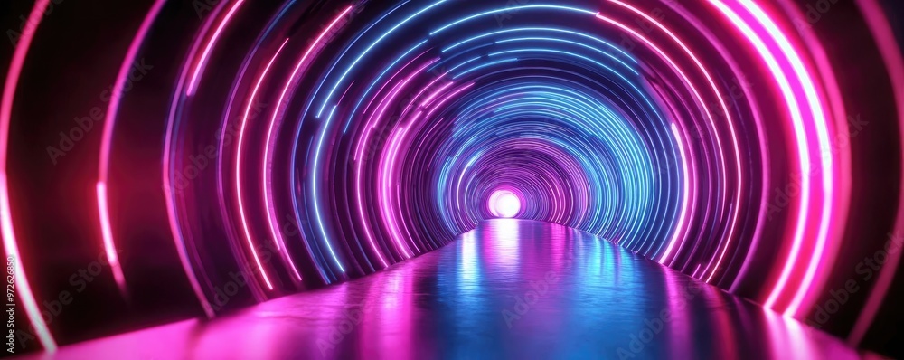 Poster vibrant neon tunnel with glowing rings, creating a futuristic atmosphere for creative projects.