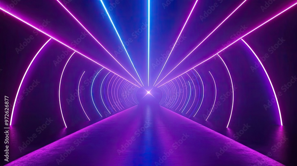 Poster A vibrant tunnel illuminated by colorful neon lights, creating a futuristic and surreal atmosphere for artistic themes.