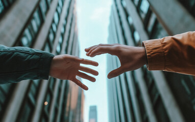 Two hands, outstretched in a gesture of support and help, are framed against a bustling cityscape.