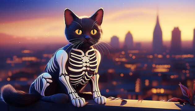  Spooky cat in a skeleton costume, sitting on a rooftop with a city skyline in the backg_1(803)