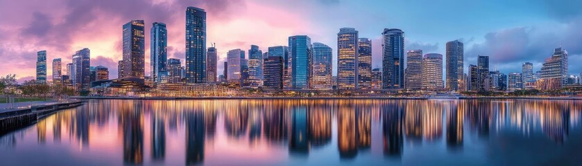 Fototapeta premium Stunning skyline at sunset with reflected buildings in calm water, showcasing urban beauty and architectural elegance.