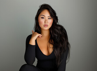 A professional portrait of a plus-size Asian woman with long hair, wearing black and posing on her knees against a gray background.