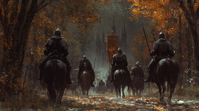 A group of medieval knights rides through forest adorned with autumn leaves, heading towards distant castle. scene evokes sense of adventure and bravery