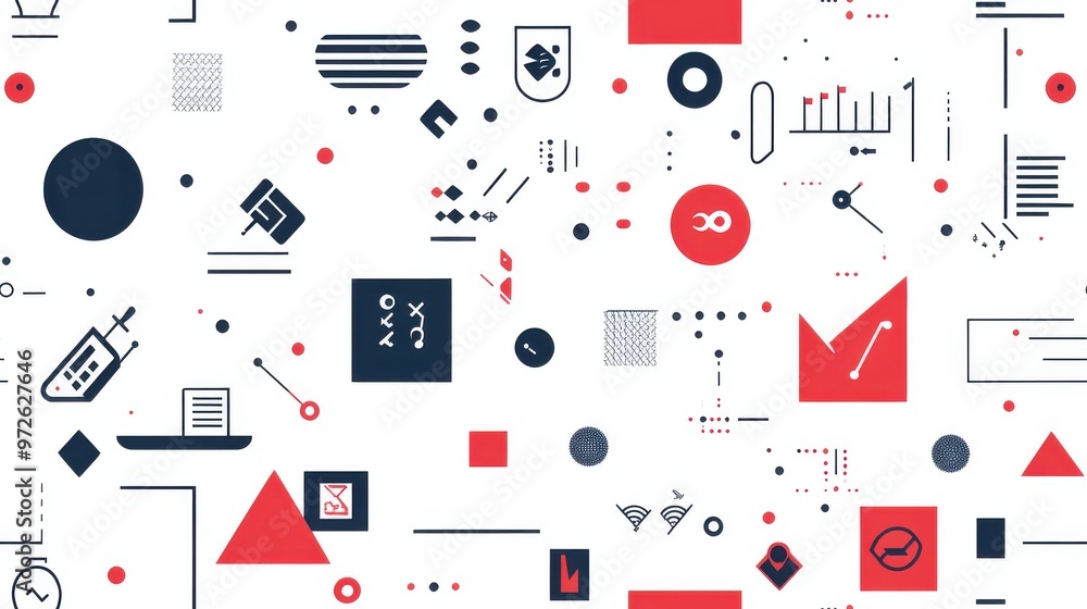 Poster Colorful patterns and geometric shapes in red, black, and white style create an abstract design for modern decor or digital backgrounds
