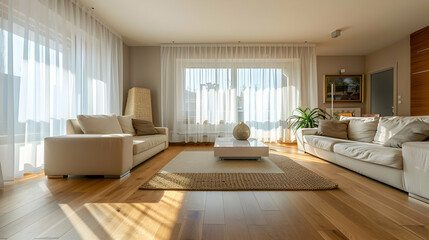 Fototapeta premium Spacious living room with minimalist furniture, hardwood floors, and white curtains