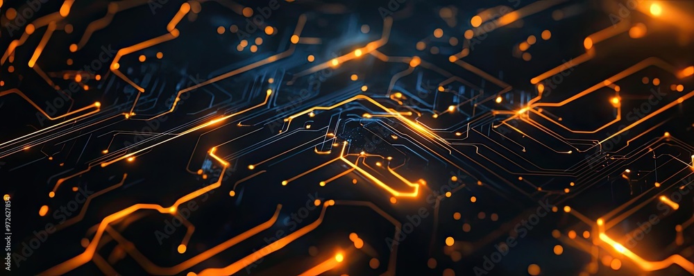 Poster abstract digital circuit board with glowing orange lines and dark background, representing technolog