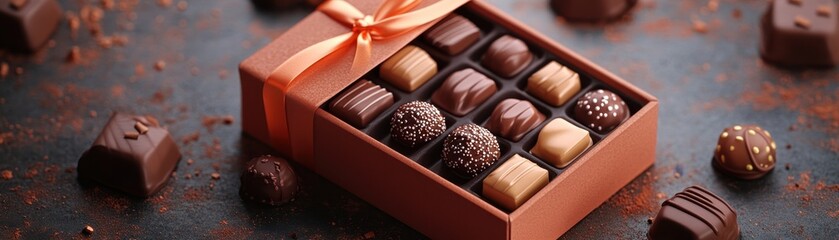 Obraz premium A beautifully arranged box of assorted chocolates with different textures and flavors, perfect for gifting or indulgent treats.