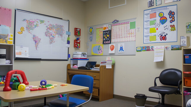 Speech Pathologist's Office Wall: Displaying speech therapy tools, language development charts, and a whiteboard with speech therapy goals