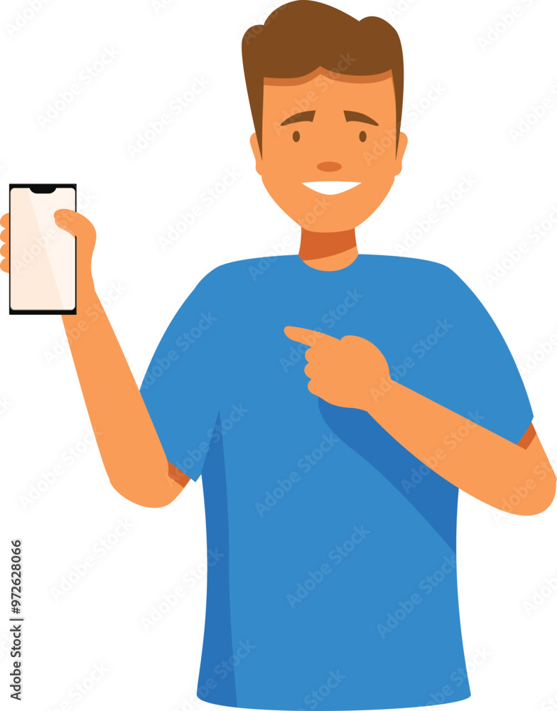Poster smiling man showing modern mobile phone and pointing finger at empty display