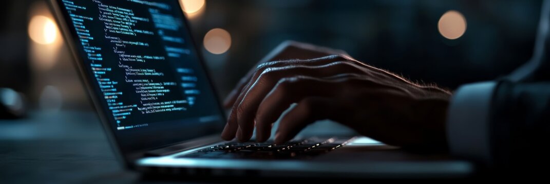 Close-up of hands coding on a laptop with low ambient lighting and a focus on the screen displaying code.