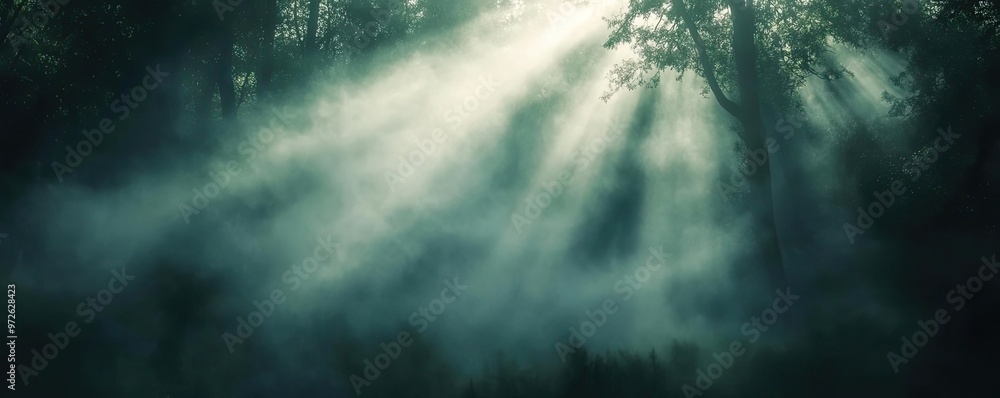 Aufkleber Mysterious forest scene with sunlight breaking through trees, creating a serene atmosphere filled with fog and tranquility.