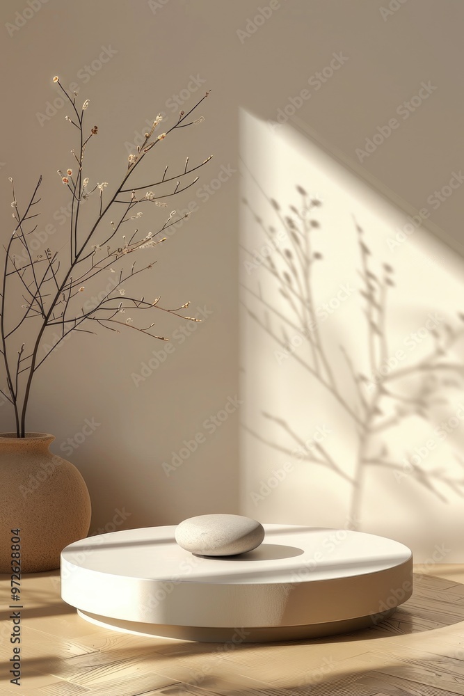Poster round platform and dried branch in a vase with soft natural light from a window