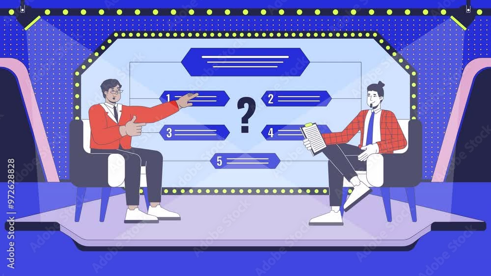 Aufkleber quiz show on tv cartoon animation. television broadcasting 4k video 2d motion graphic. host suggesti